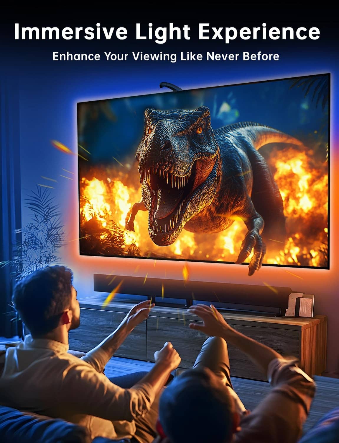 Multicolor TV LED backlight creating immersive light behind a wall-mounted TV