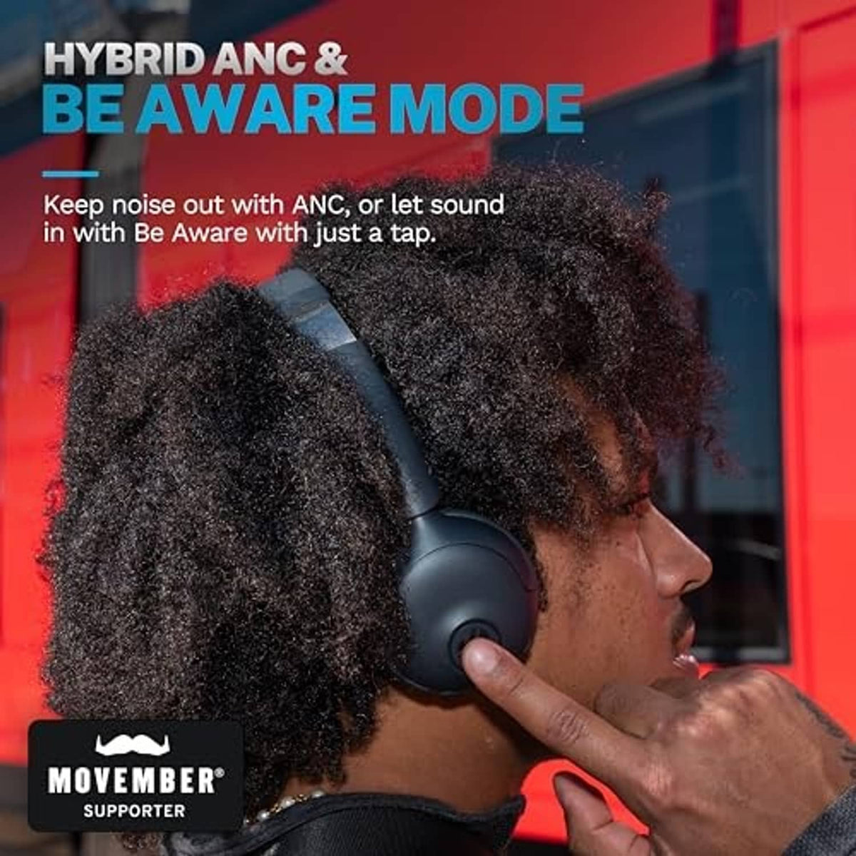 Graphite on-ear ANC headphones with earcup controls, adjusted by hand.
