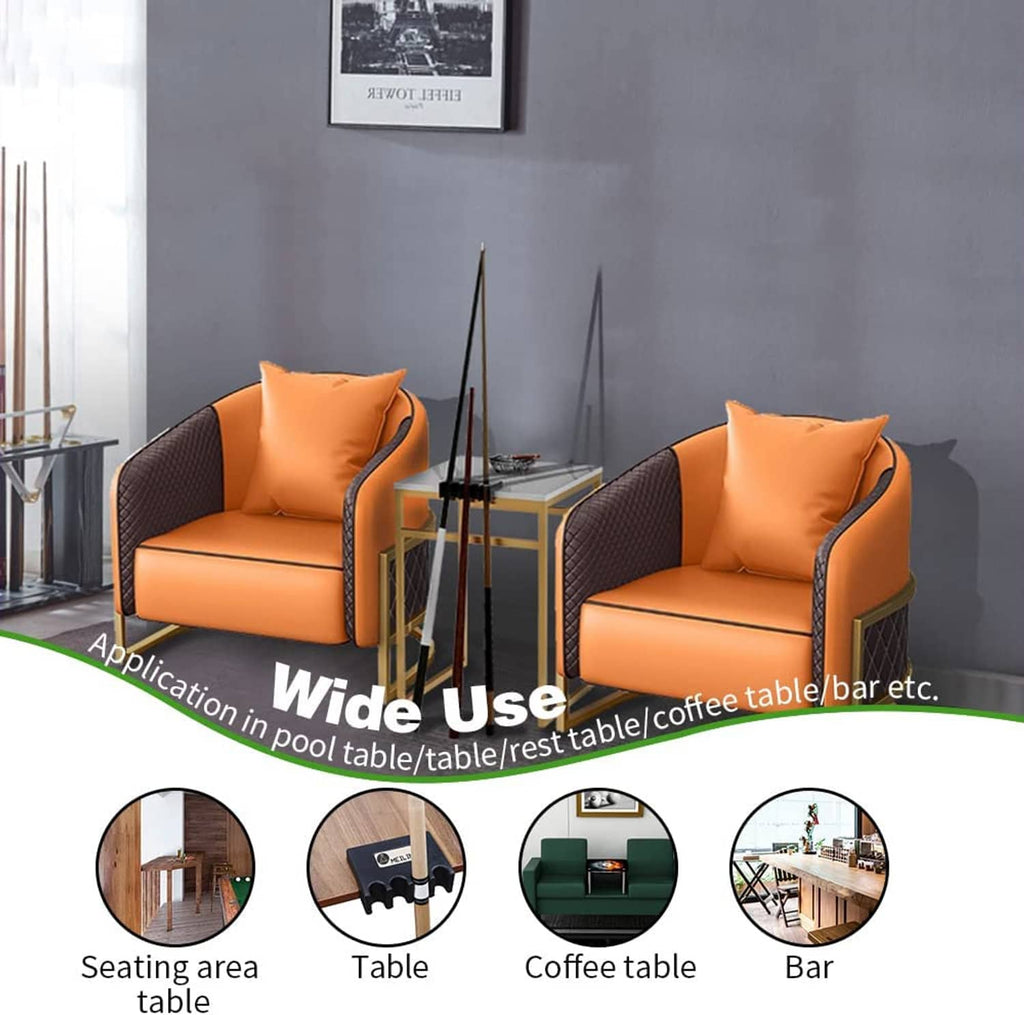 Pool cue holder infographic showing multiple use icons on tables and seating