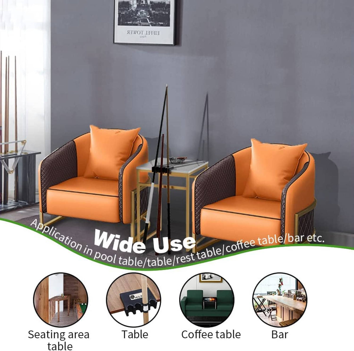 Pool cue holder infographic showing multiple use icons on tables and seating