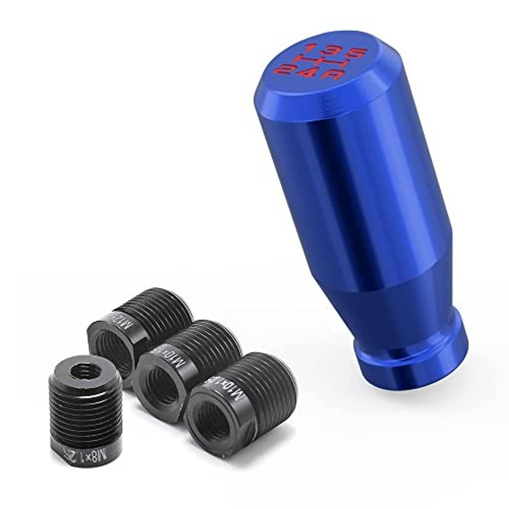 Blue aluminum shift knob with red top markings and black threaded sleeves