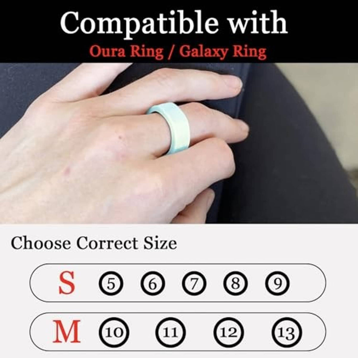 Mint teal smart ring cover on hand, with size selection icons.