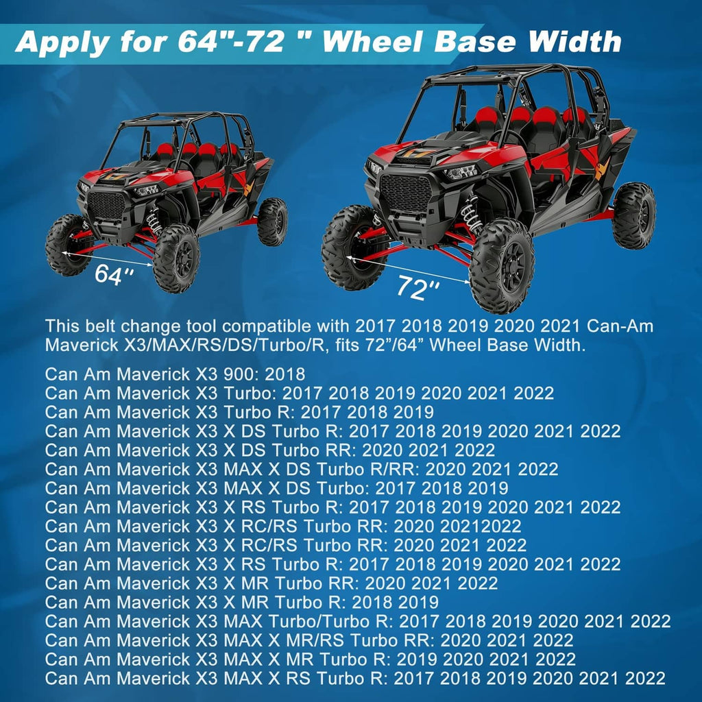 UTV belt changing tool compatibility graphic for 64–72 inch wheel base width