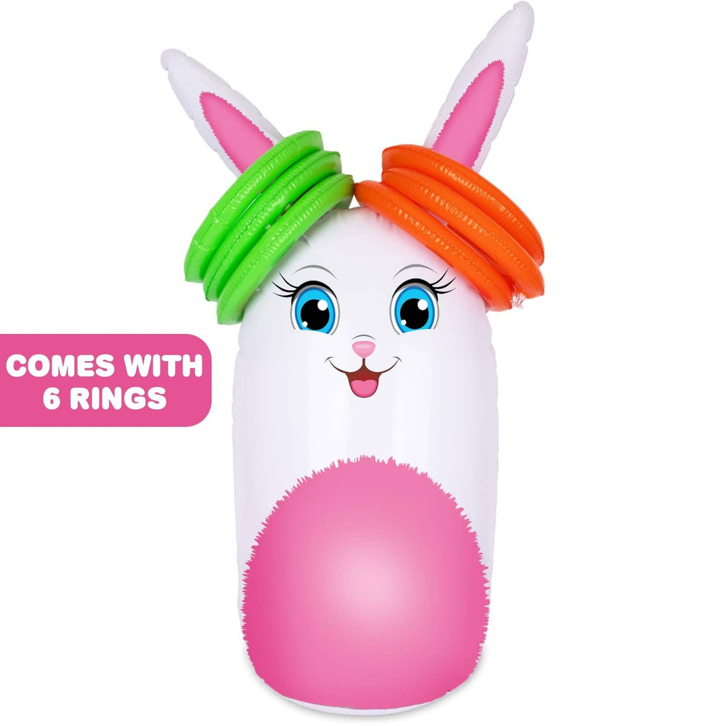 Inflatable bunny yard game with blue eyes, pink ears, plus orange and green rings