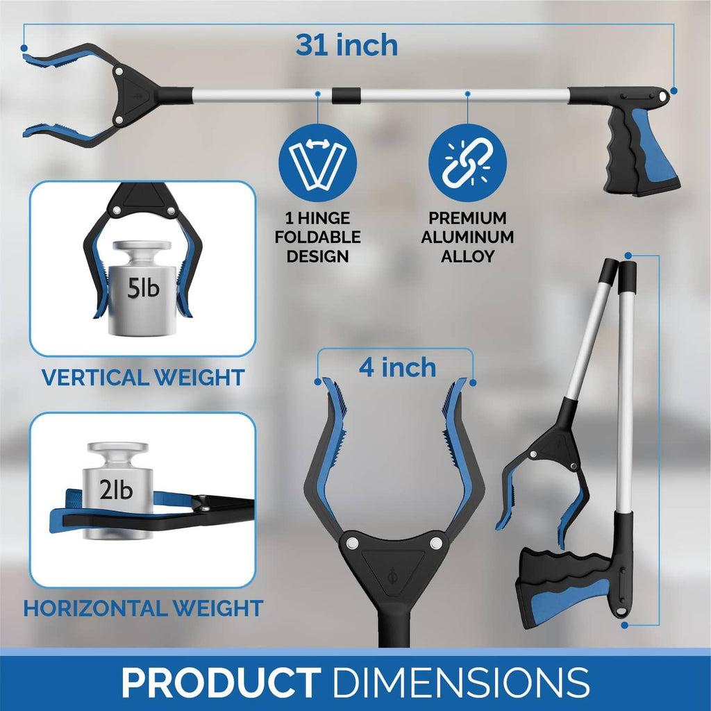 Foldable telescoping grabber tool with wide claw, black trigger handle, 31-inch length