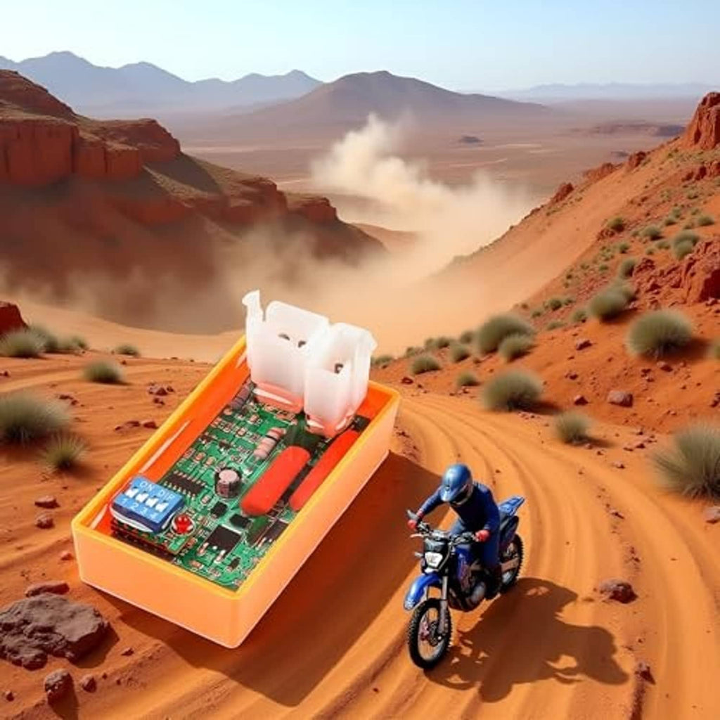 5-pin AC CDI ignition module on motorcycle, orange case with green circuit board and white plug