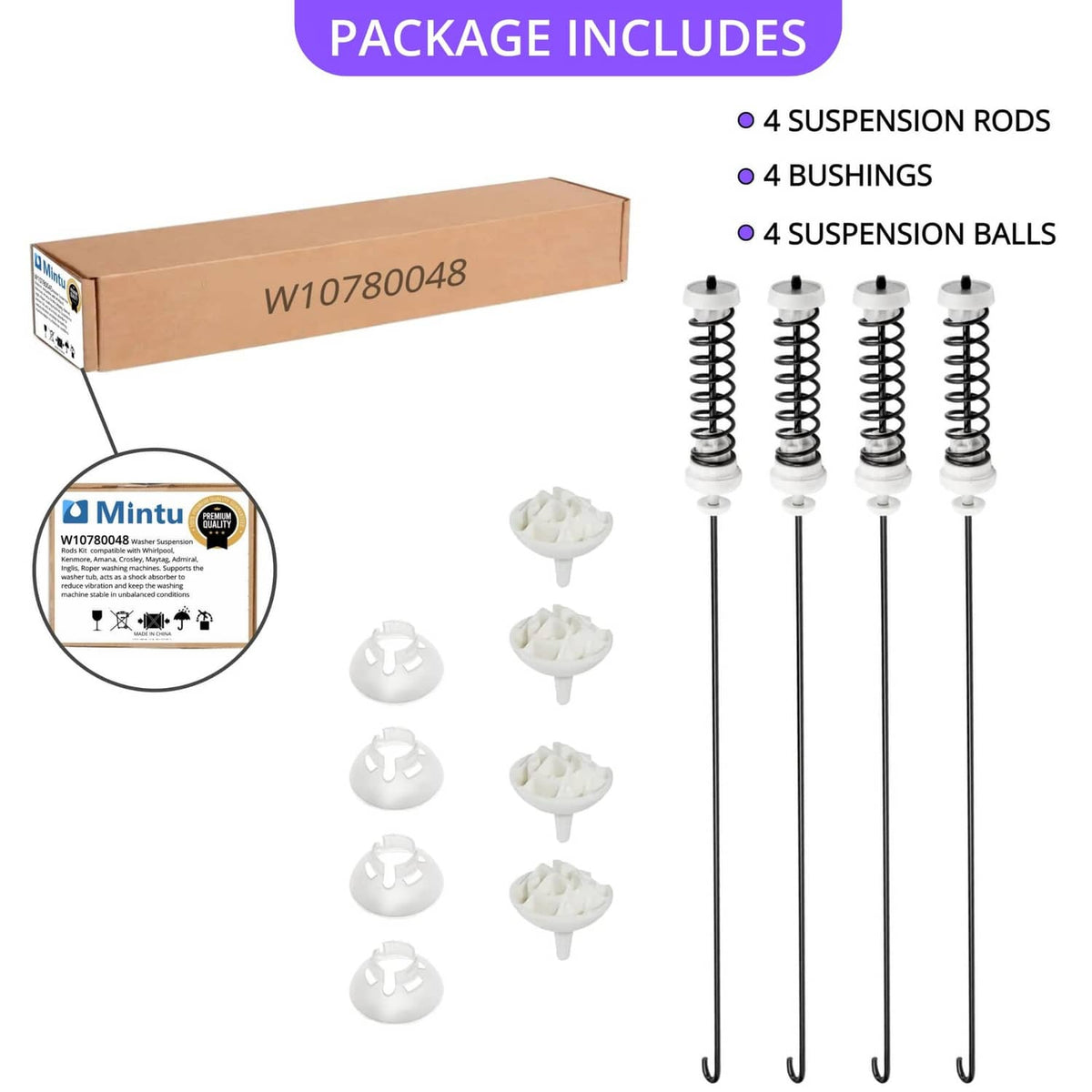 Washer suspension rod kit box with 4 rods, bushings, and suspension balls