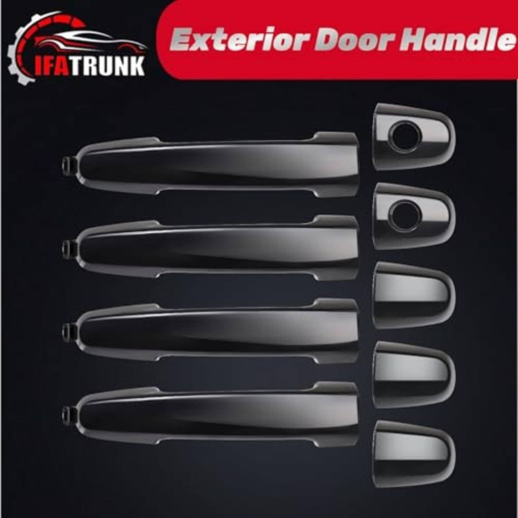Exterior door handle set with four black levers and chrome-silver end caps, round key openings.