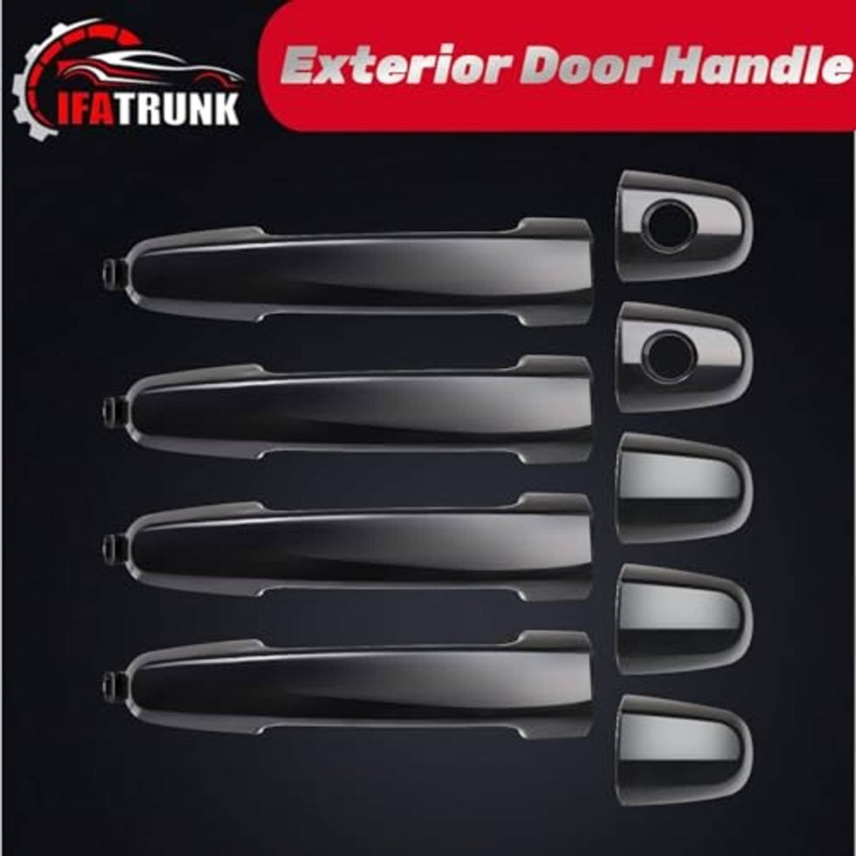 Exterior door handle set with four black levers and chrome-silver end caps, round key openings.