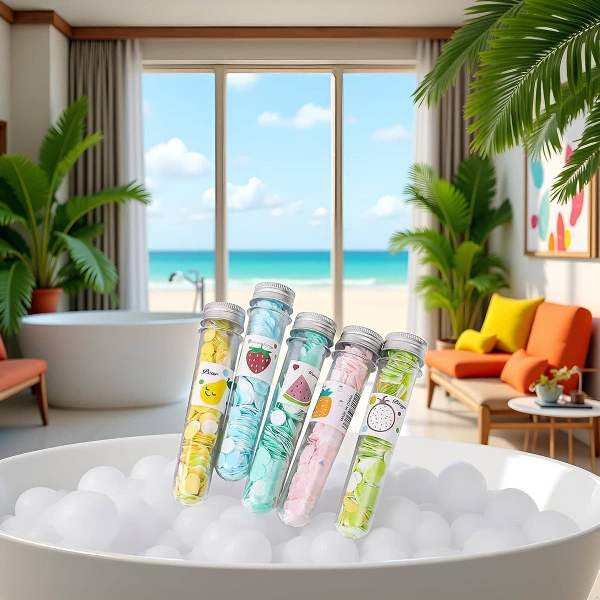 Portable soap confetti tubes in a bathtub, five clear fruit-themed bottles
