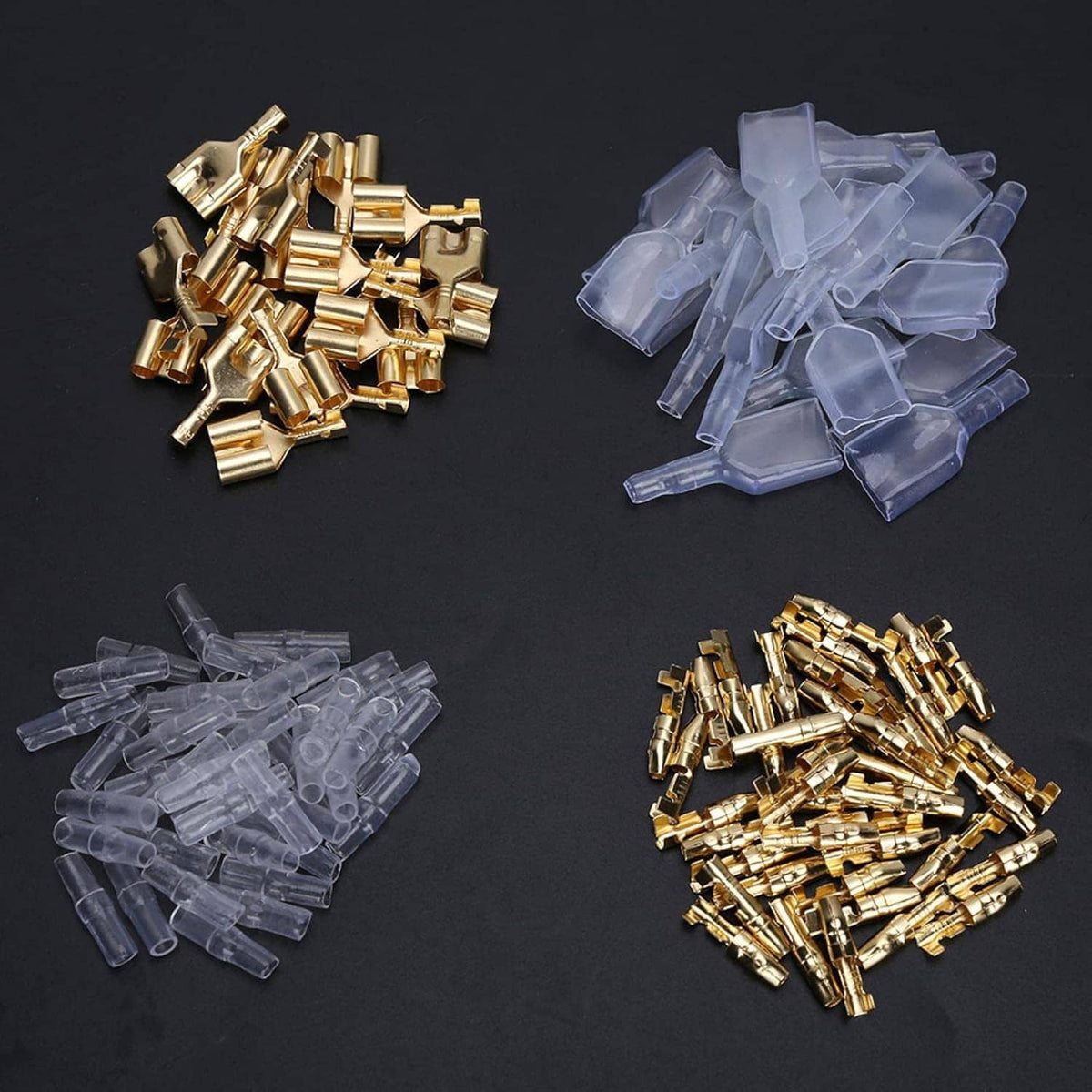 Bulk pack of gold bullet crimp terminals with clear insulation sleeves