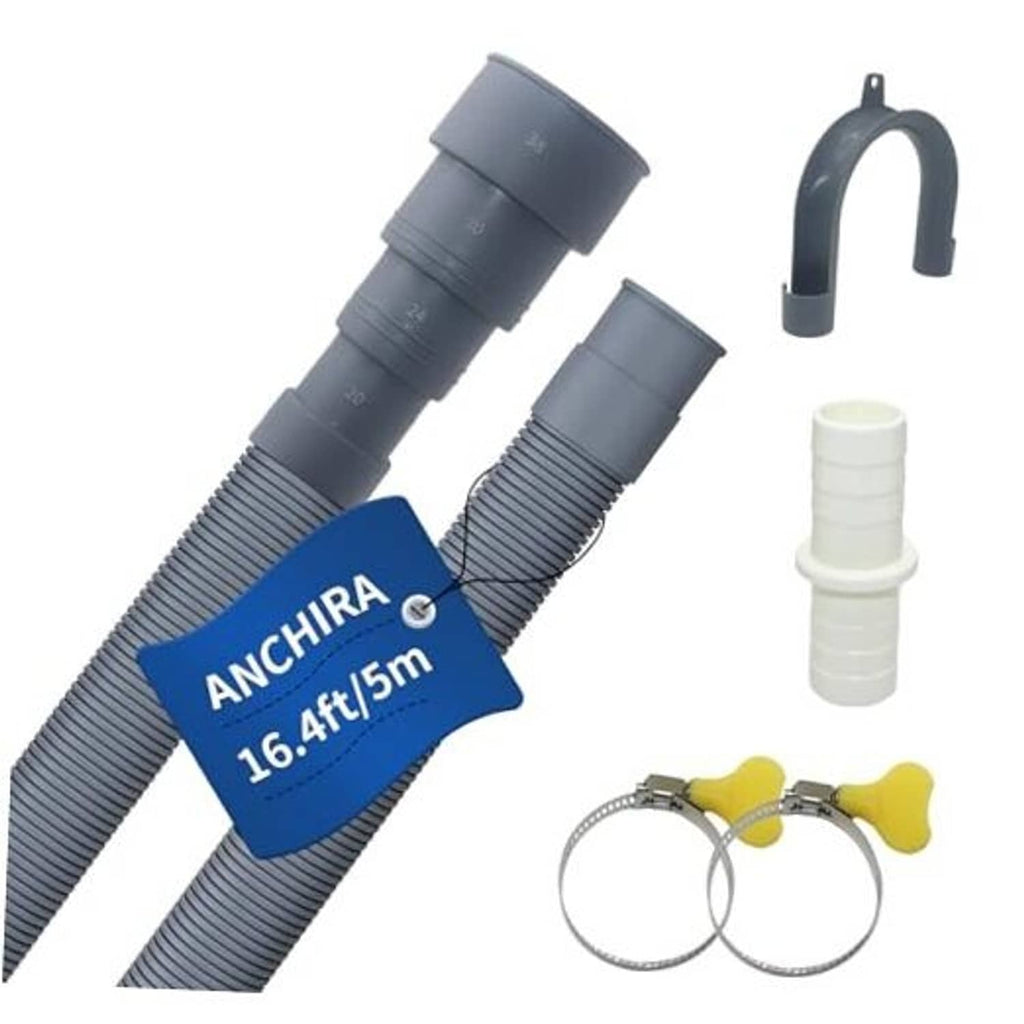 Gray corrugated washer hose kit with adapter, clamp rings, and 16.4 ft length tag