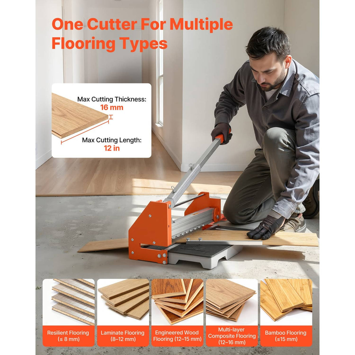 Vinyl flooring cutter cutting multiple flooring types with max 16 mm thickness