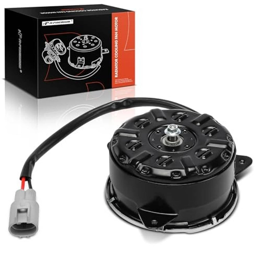 Black cooling fan motor with top mounting hub and curved wiring harness