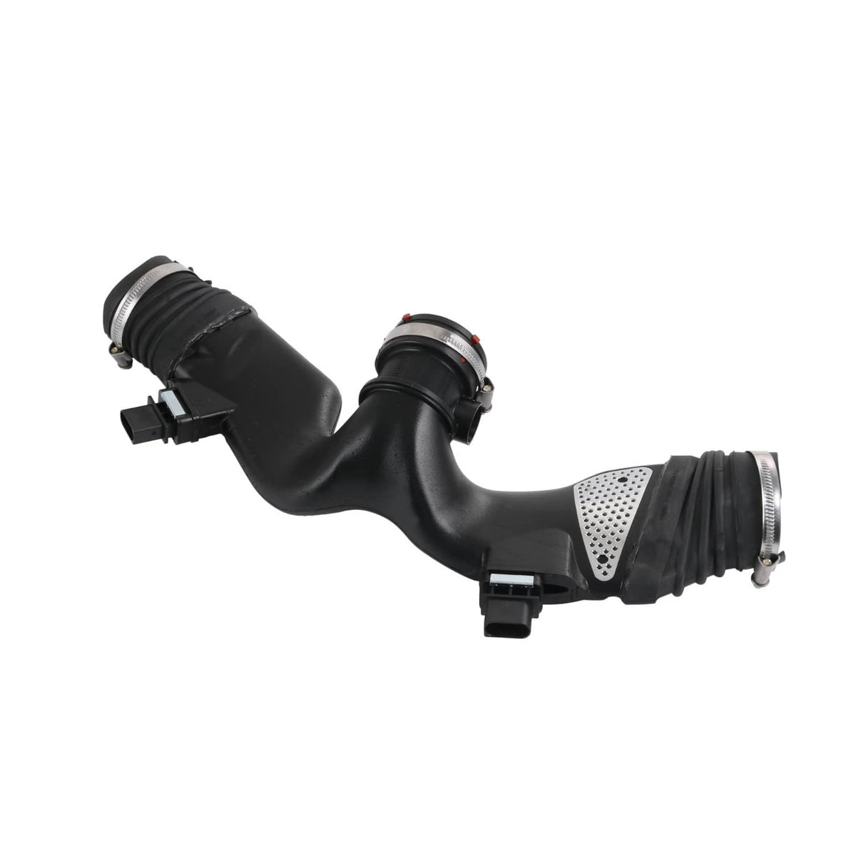 Air mass sensor intake duct with black corrugated tubing and red sensor port, side view