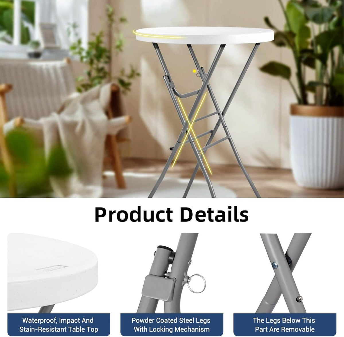 White round folding cocktail table with powder-coated steel legs