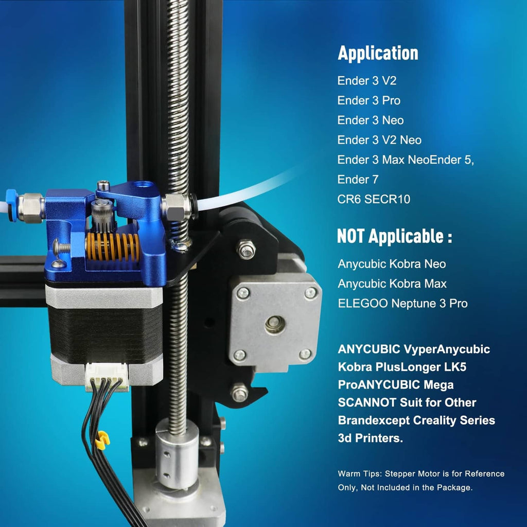 Mounted blue dual-gear extruder on lead screw frame with wiring and metal plate