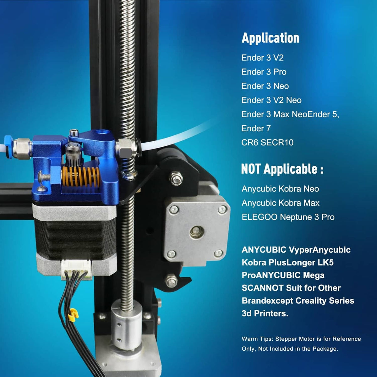 Mounted blue dual-gear extruder on lead screw frame with wiring and metal plate