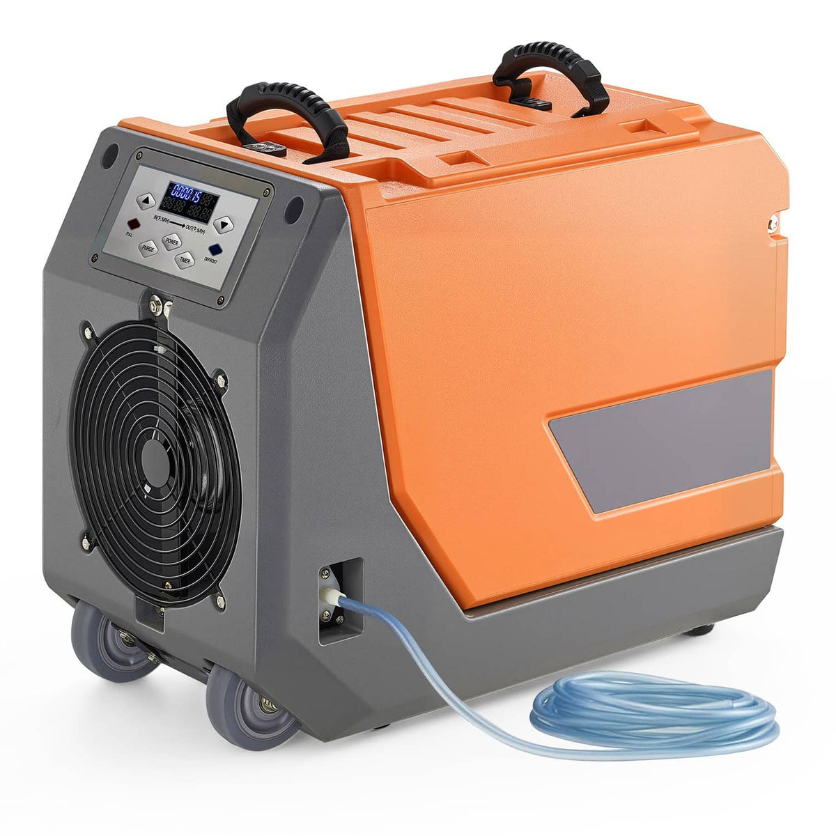 Orange and gray commercial dehumidifier with front fan, carry handles, and wheeled base