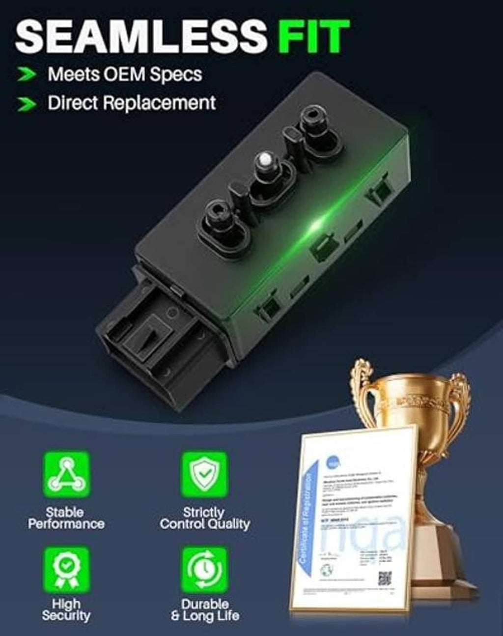 Black seat adjustment switch module with four knobs and green fit outline