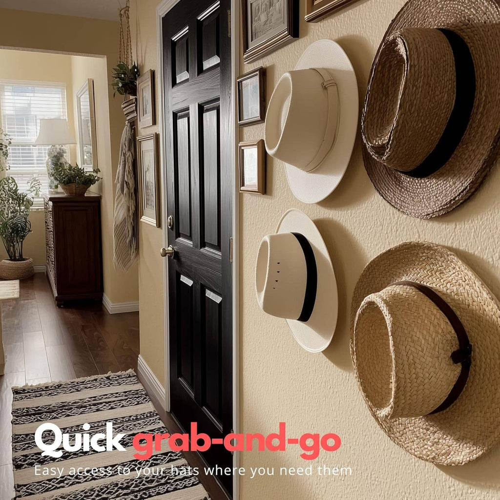 Adhesive cowboy hat wall mounts holding multiple hats on a textured wall