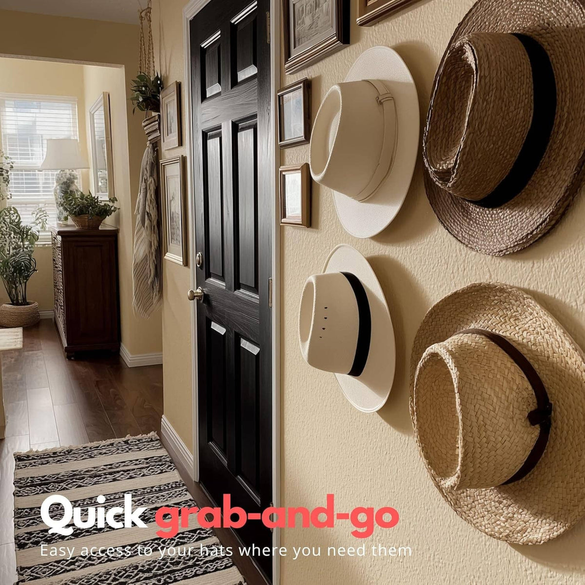 Adhesive cowboy hat wall mounts holding multiple hats on a textured wall