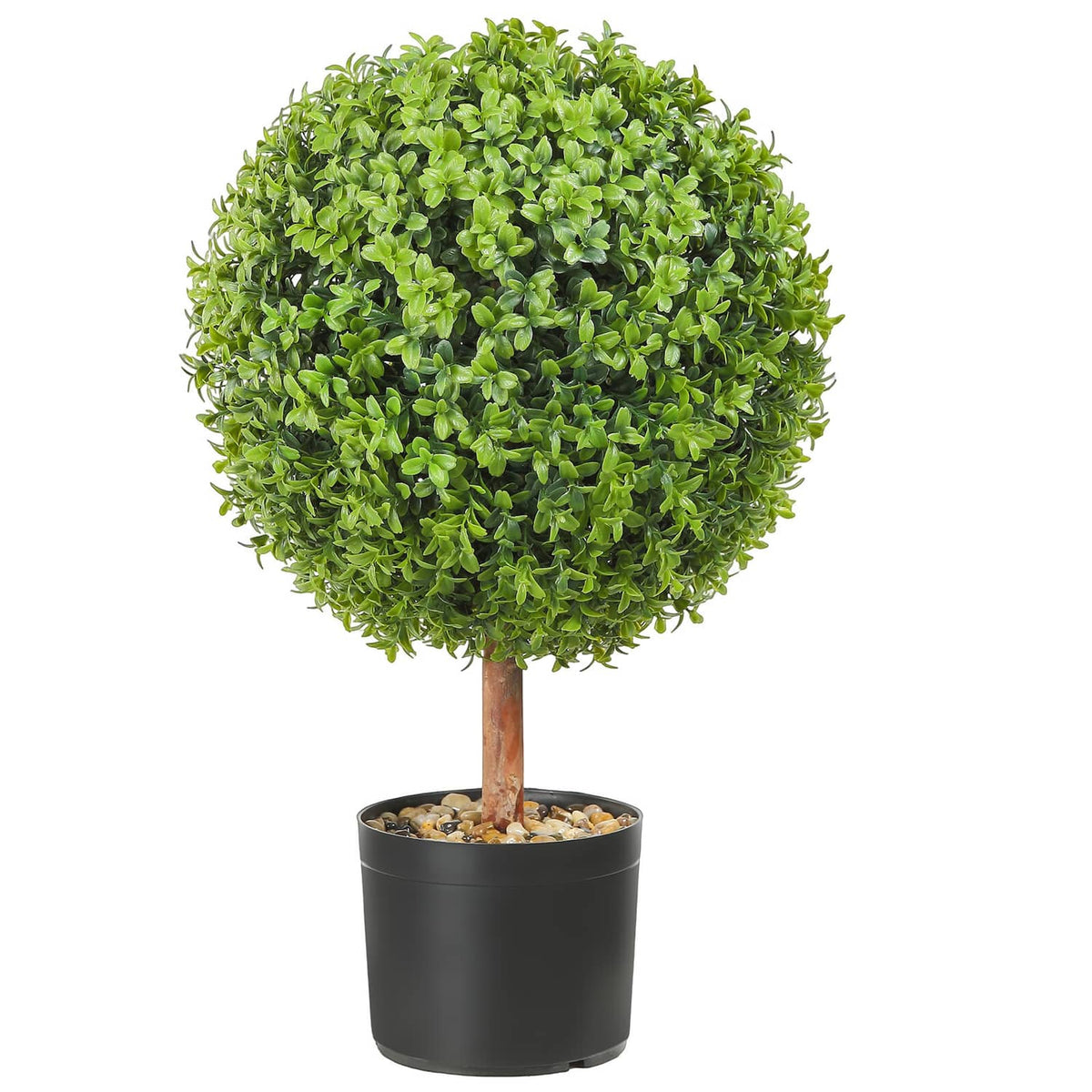 Artificial topiary tree with dense bright green round foliage in a black planter