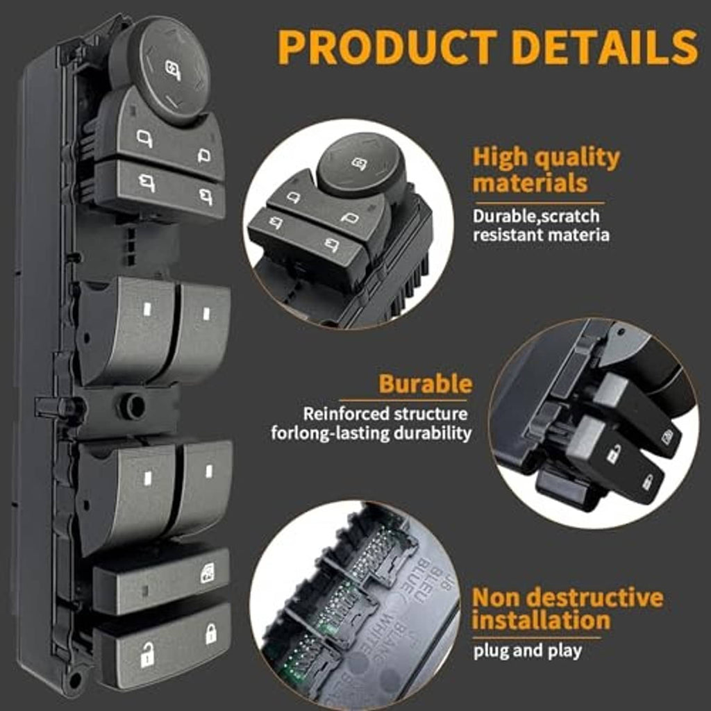 Power window switch assembly close-up with knob and rocker controls, black plastic