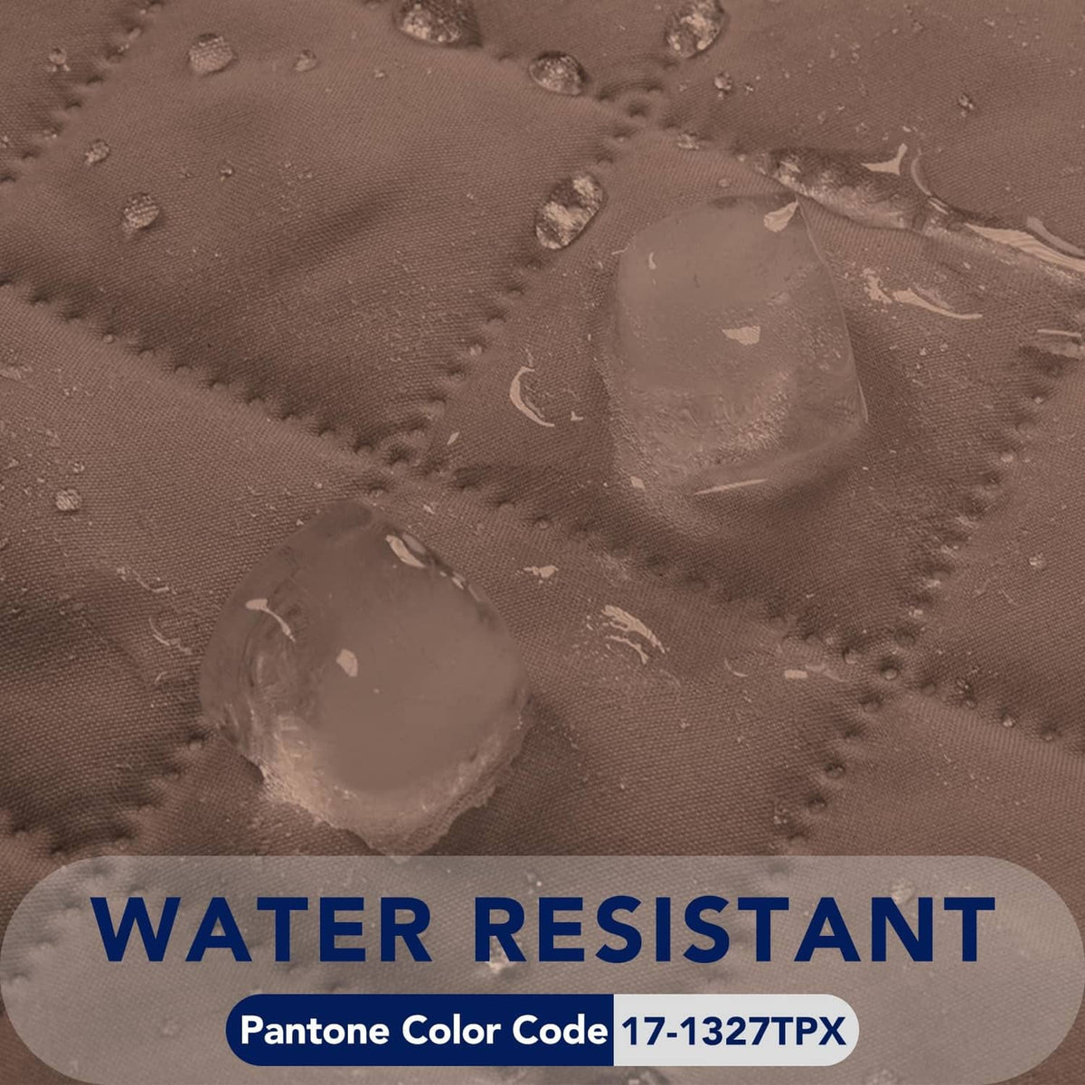 Water-resistant quilted sofa cover fabric with visible water droplets on surface
