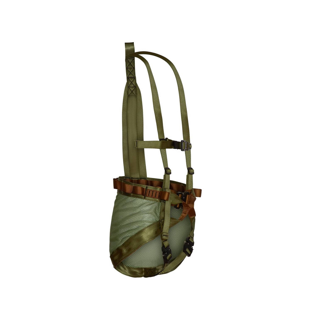 Tree saddle harness with olive-green webbing, padded leg loops, and brown pocket
