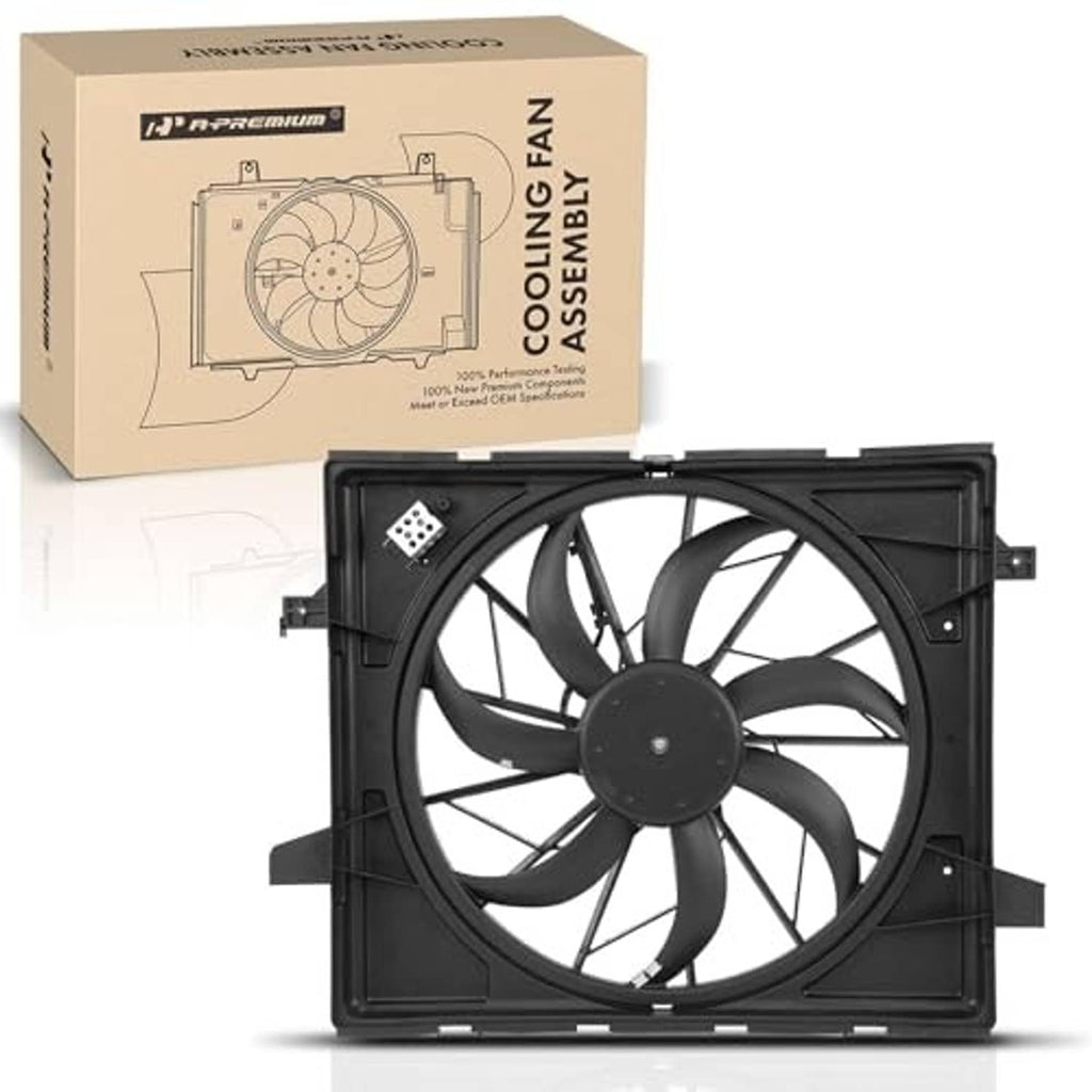 Black radiator cooling fan assembly with shroud, single fan, front view