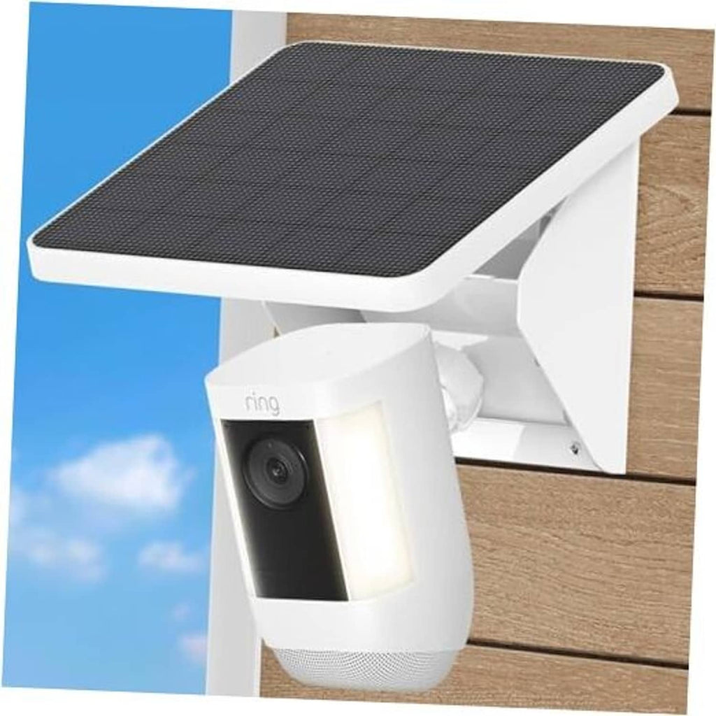 White solar charging mount with textured black panel and Ring camera on wall