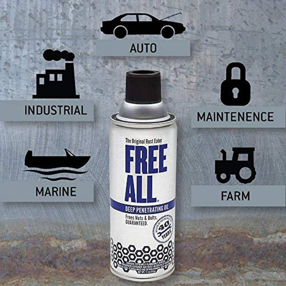 Deep penetrating oil aerosol can with front label and hex-pattern design