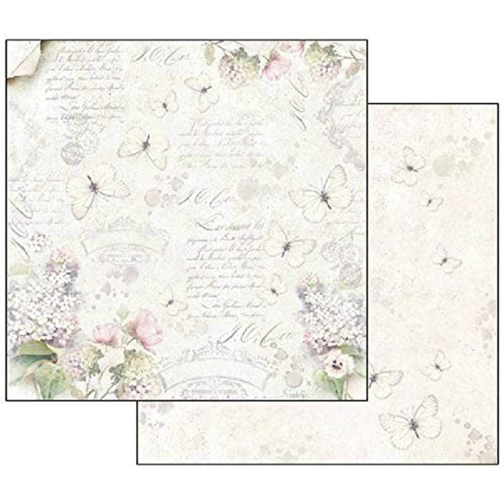Lilac floral and butterfly pattern double-sided craft paper sheet with script accents.