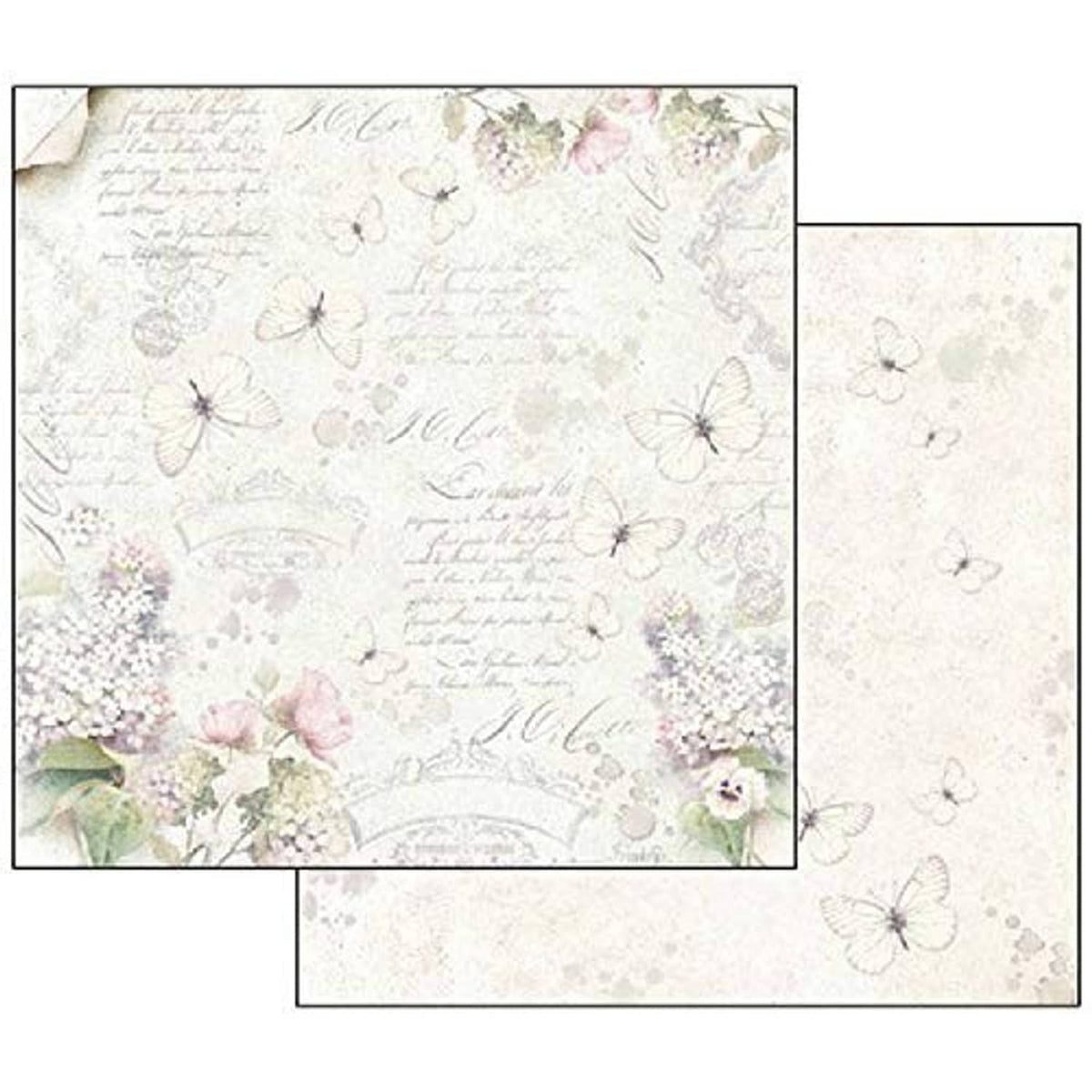 Lilac floral and butterfly pattern double-sided craft paper sheet with script accents.