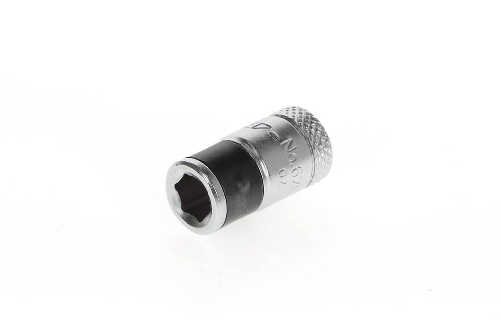 Black-bodied 1/4-in square-to-hex bit adaptor with hex socket and knurled collar