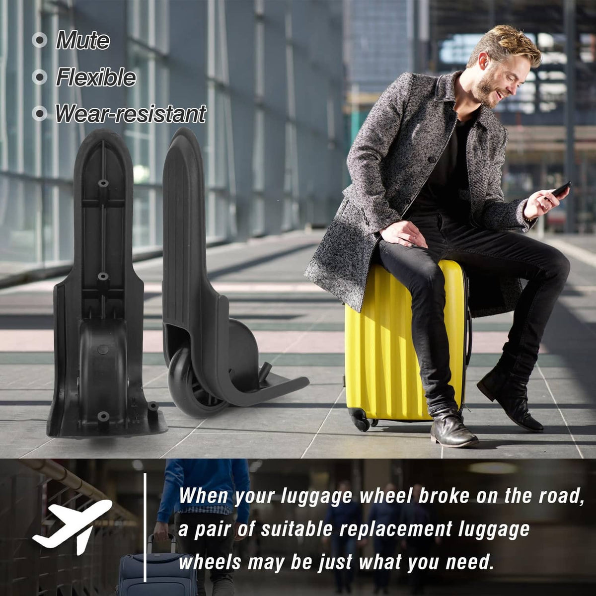 Black rear suitcase wheels, flexible wear-resistant replacement pair with fork supports