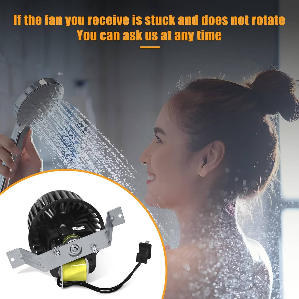 Bathroom exhaust fan motor assembly close-up of black fan wheel and power cord
