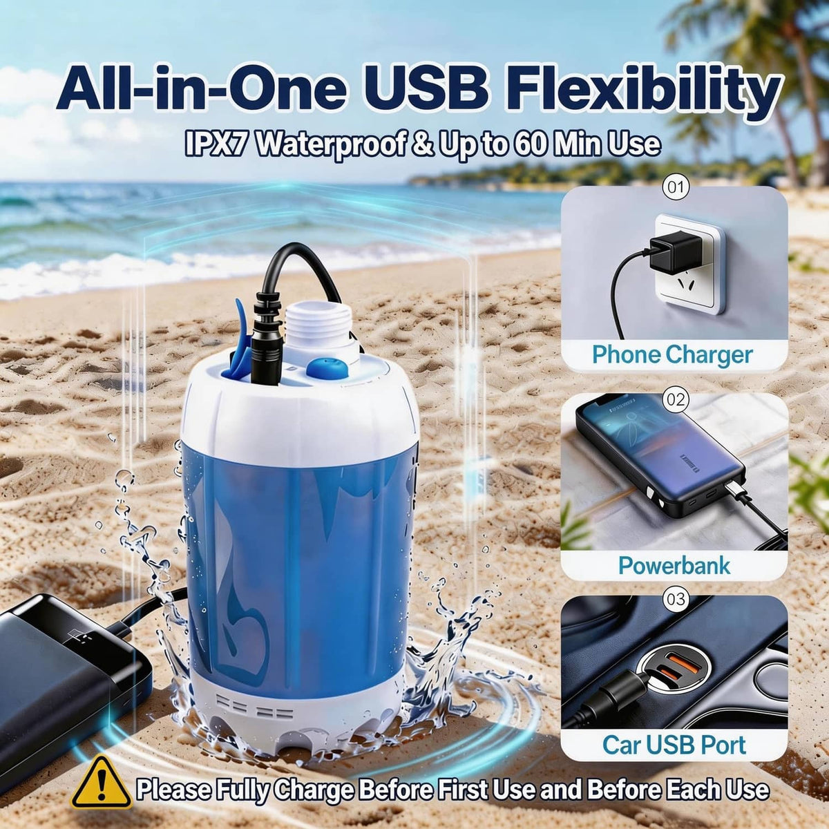 Blue and white rechargeable shower pump with water spray and USB power accessories