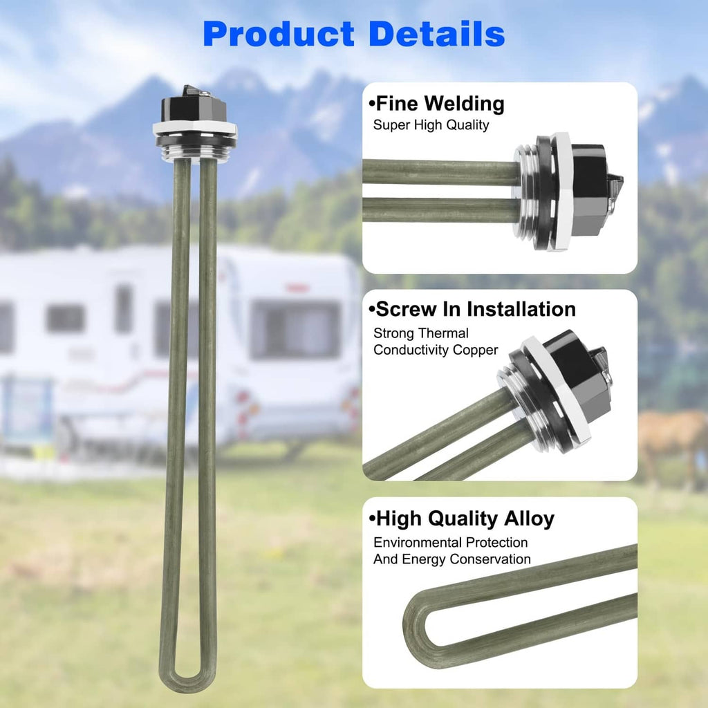 RV water heater element with long U-shaped metal heating tube and hex mounting base