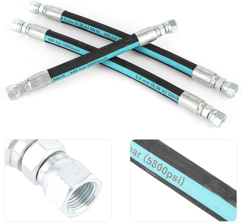 Teal-striped high-pressure oil hose set with crimp-style metal couplers, 3-piece bundle