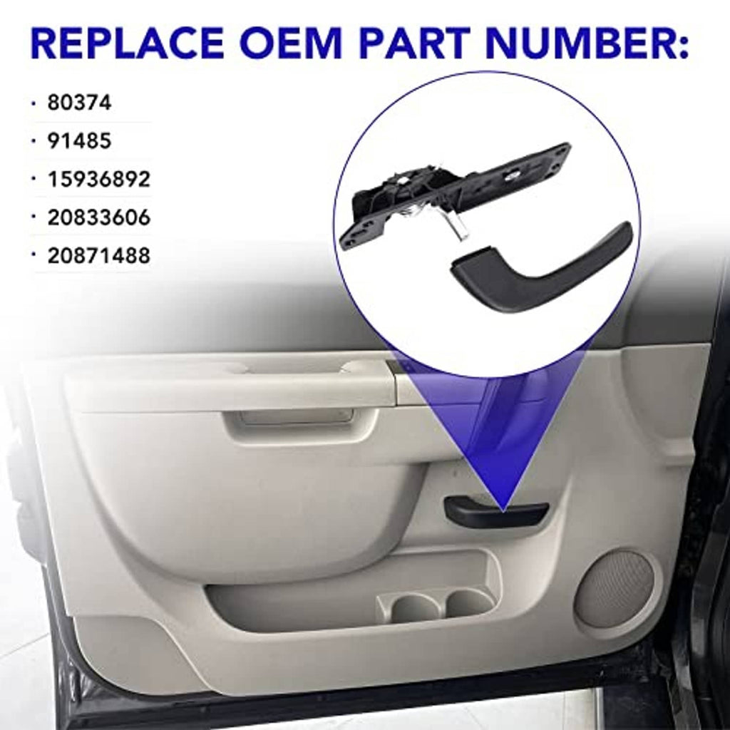 Interior door handle kit replacing OEM part, black handle on front left door panel