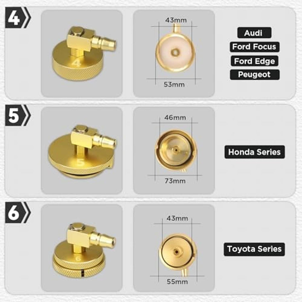 Gold brake bleeder adapter examples with seal face, measurements, and connector ports
