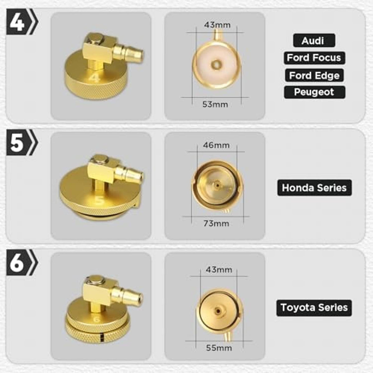 Gold brake bleeder adapter examples with seal face, measurements, and connector ports