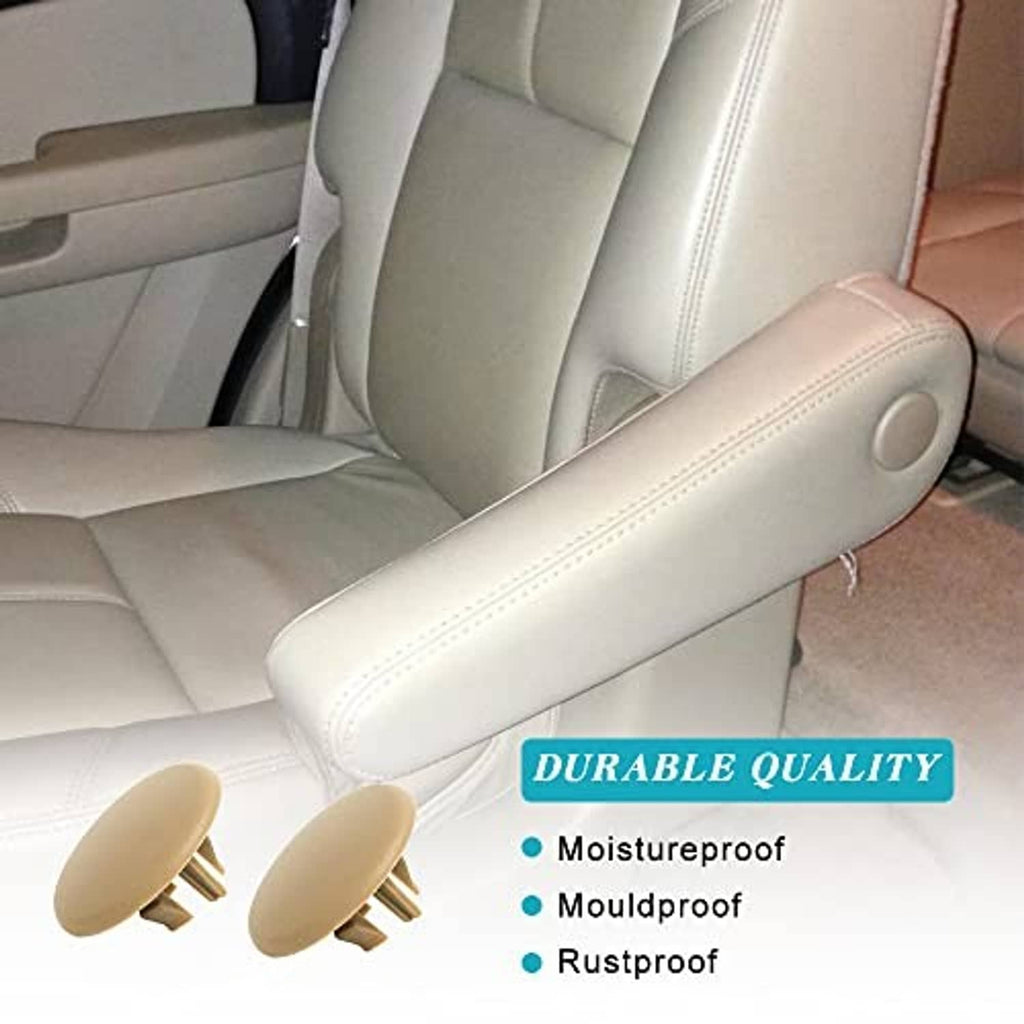 Beige armrest cover cap installed on front seat armrest, smooth round button