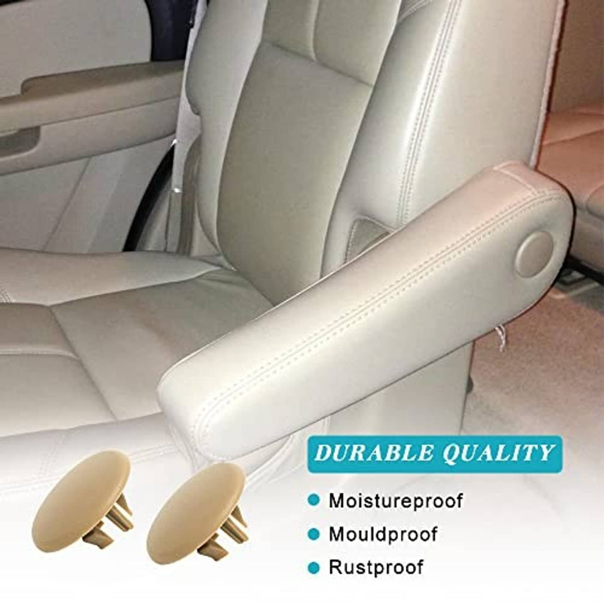 Beige armrest cover cap installed on front seat armrest, smooth round button