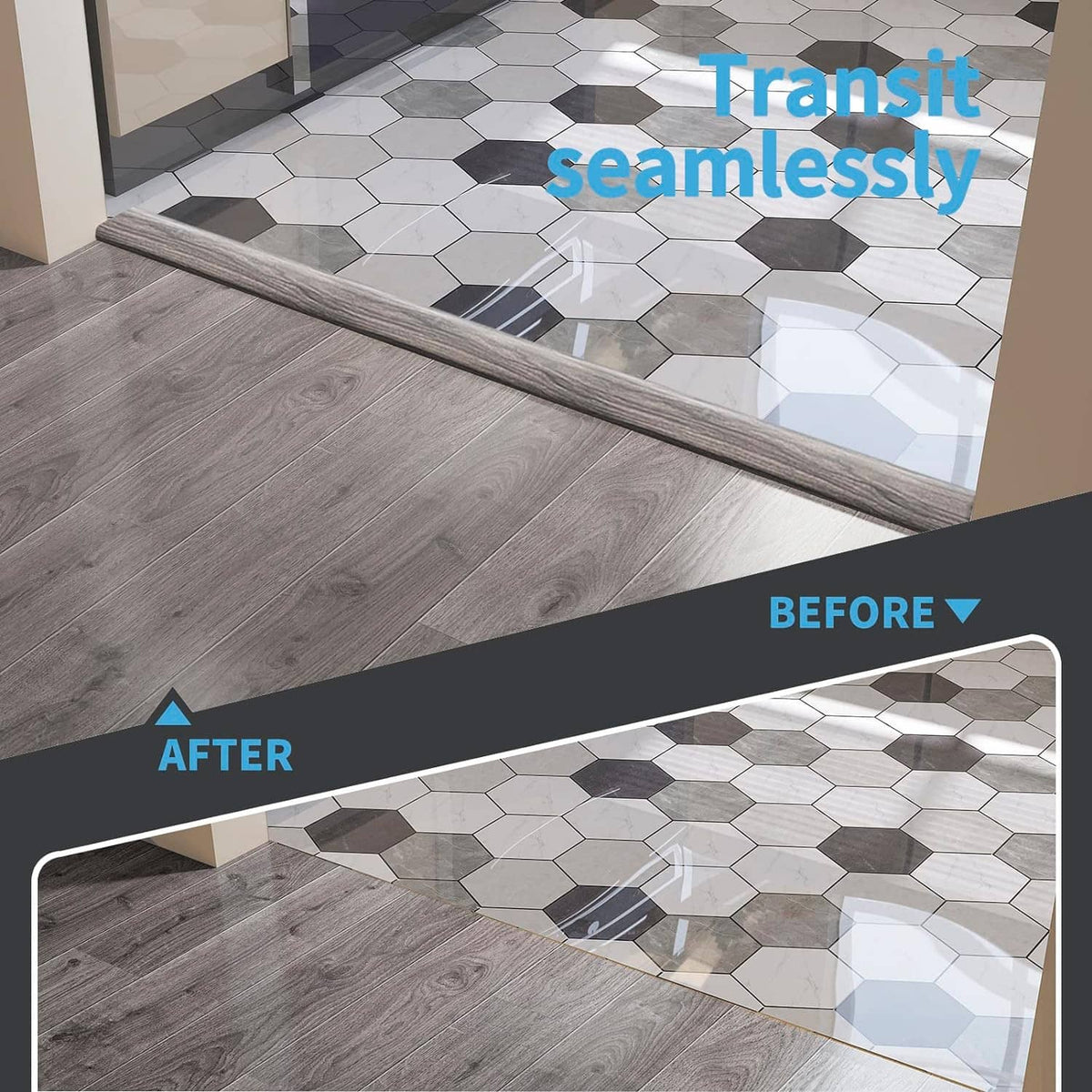 Gray woodgrain floor transition strip laid between floors along the doorway