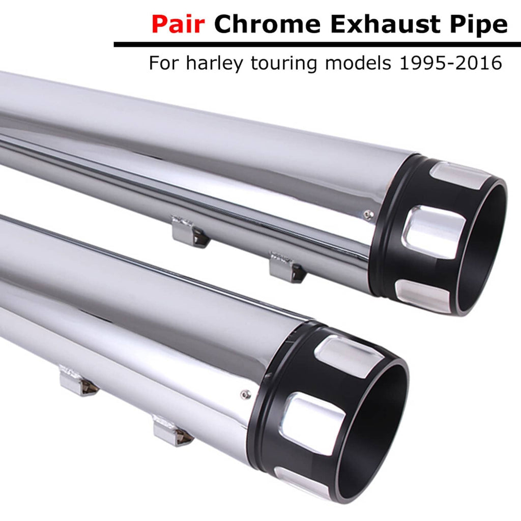 Pair of chrome exhaust pipes with black end rings and side mounting brackets