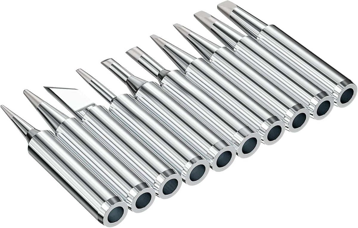10-pack soldering iron tip set showing multiple angled metal points in a row
