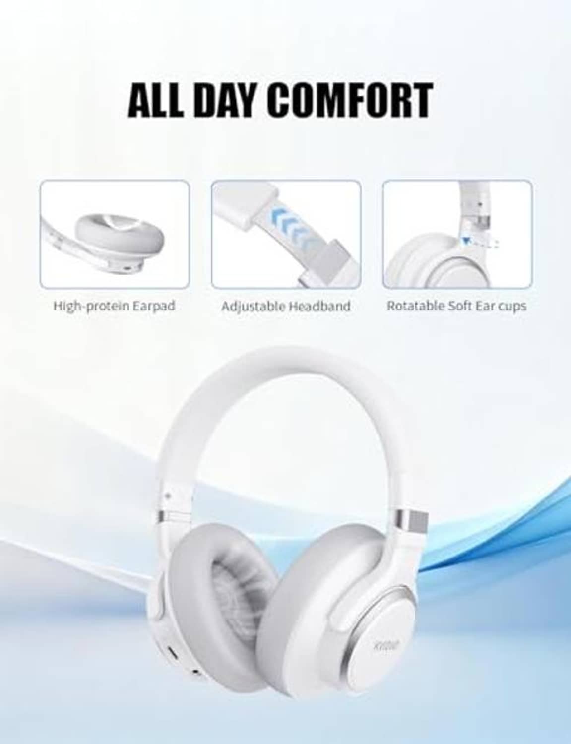 White over-ear headphones with adjustable headband and soft gray ear cushions, KVIO
